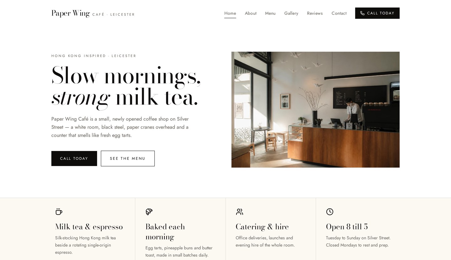 Paper Wing Café website homepage designed by Webly Co. LTD